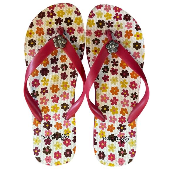 Brighton Pink Floral Flip Flops SZ 8 Classic Preppy Beach Shoes - Picture 1 of 7